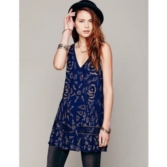 Free People Dresses & Skirts - Free People Navy Beaded Secret Garden Shift Dress